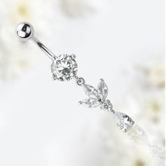 14G Silver Clear Gem Paved Dangling Teardrop Belly Button Ring