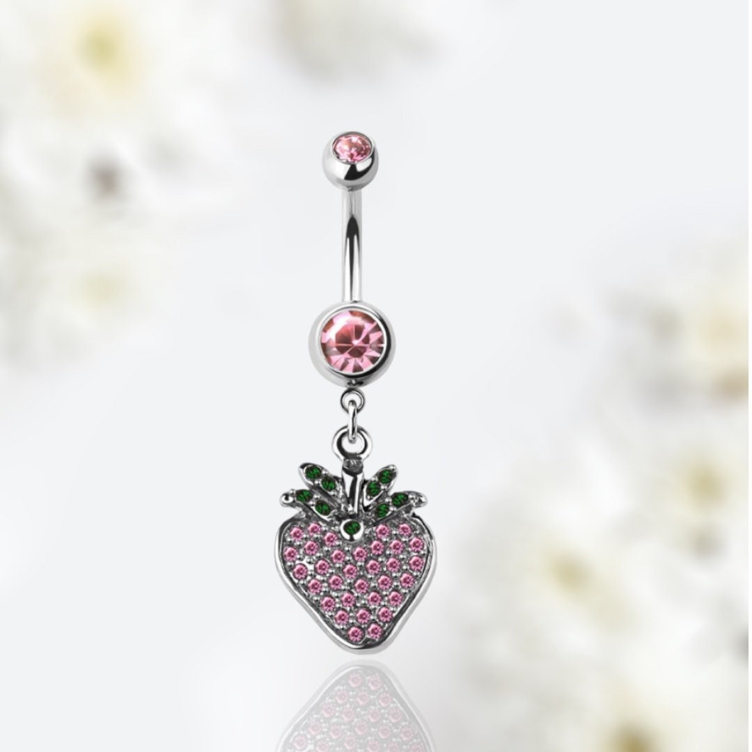 14G Silver Pink Gem Dangling Strawberry Charm Belly Button Ring