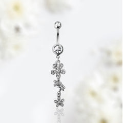 14G Silver Clear Gem Dangling Flowers Charm Belly Button Ring