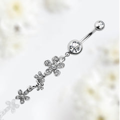 14G Silver Clear Gem Dangling Flowers Charm Belly Button Ring