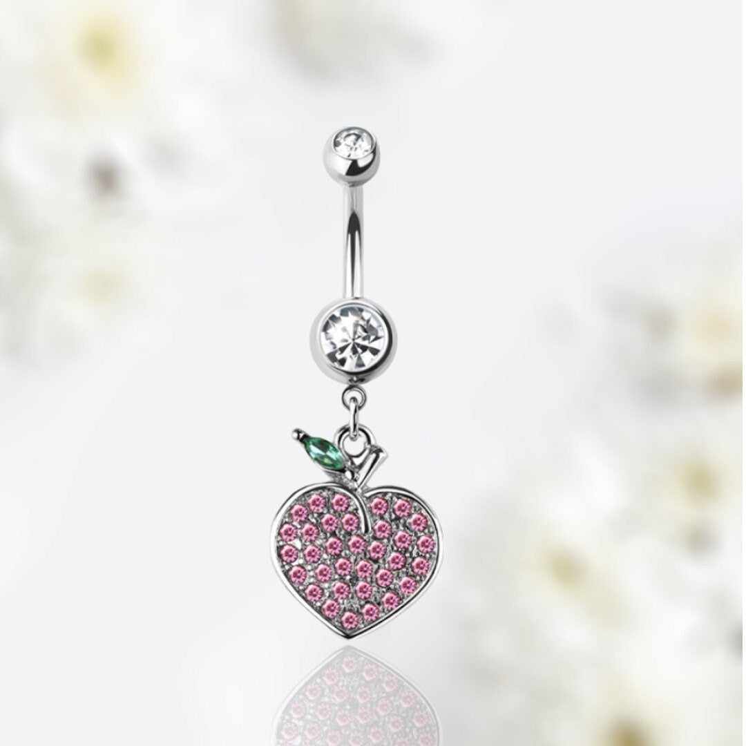 14G Silver Pink Gem Dangling Peach Charm Belly Button Ring