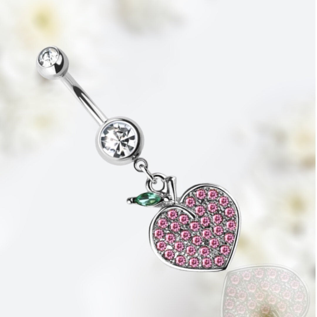 14G Silver Pink Gem Dangling Peach Charm Belly Button Ring