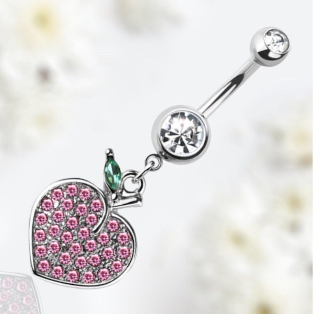 14G Silver Pink Gem Dangling Peach Charm Belly Button Ring