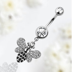 14G Silver Clear Gem Dangling Bumble Bee Belly Button Ring