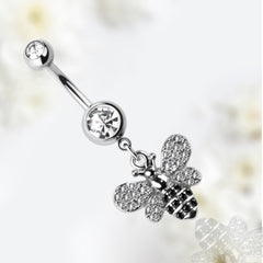 14G Silver Clear Gem Dangling Bumble Bee Belly Button Ring