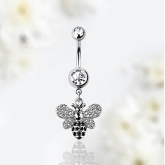 14G Silver Clear Gem Dangling Bumble Bee Belly Button Ring