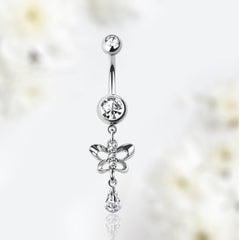 14G Silver Clear Gem Dangling Butterfly Belly Button Ring