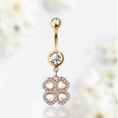 14G Gold Clear Gem Dangling White Opal Clover Flower Belly Button Ring