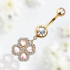 14G Gold Clear Gem Dangling White Opal Clover Flower Belly Button Ring