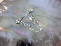 Pair of 14G Silver Dangling Chain Clear Gems Nipple Barbell