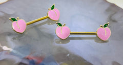 Pair of 14G Gold Pink Enamel Peach Ends Nipple Barbell