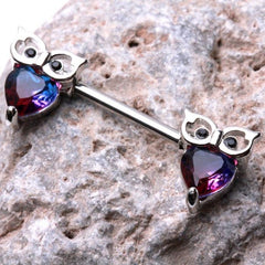 Pair of 14G Silver Purple and Blue Gems Owl Nipple Barbells