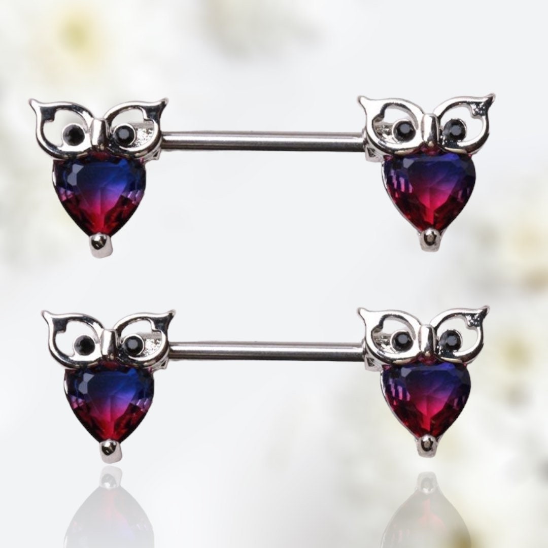 Pair of 14G Silver Purple and Blue Gems Owl Nipple Barbells