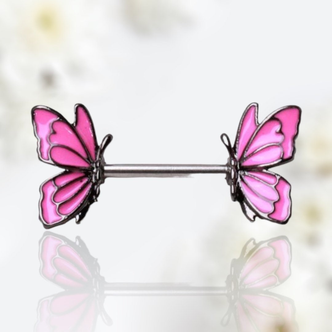 Pair of 14G Silver Pink Butterfly Nipple Barbells