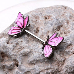 Pair of 14G Silver Pink Butterfly Nipple Barbells