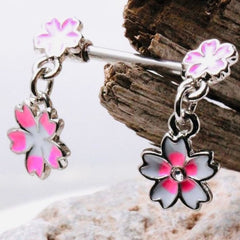 Pair of 14G Hanging Pink Flowers Nipple Barbells