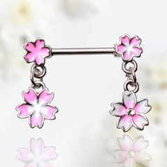 Pair of 14G Hanging Pink Flowers Nipple Barbells