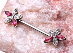 Pair of 14G Pink Flower Ends Nipple Barbell