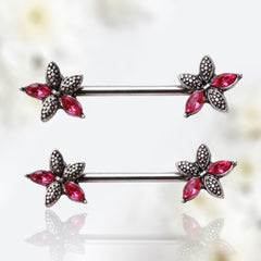 Pair of 14G Pink Flower Ends Nipple Barbell