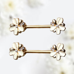 Pair of 14G Gold Clear Gems White Flowers Nipple Barbells