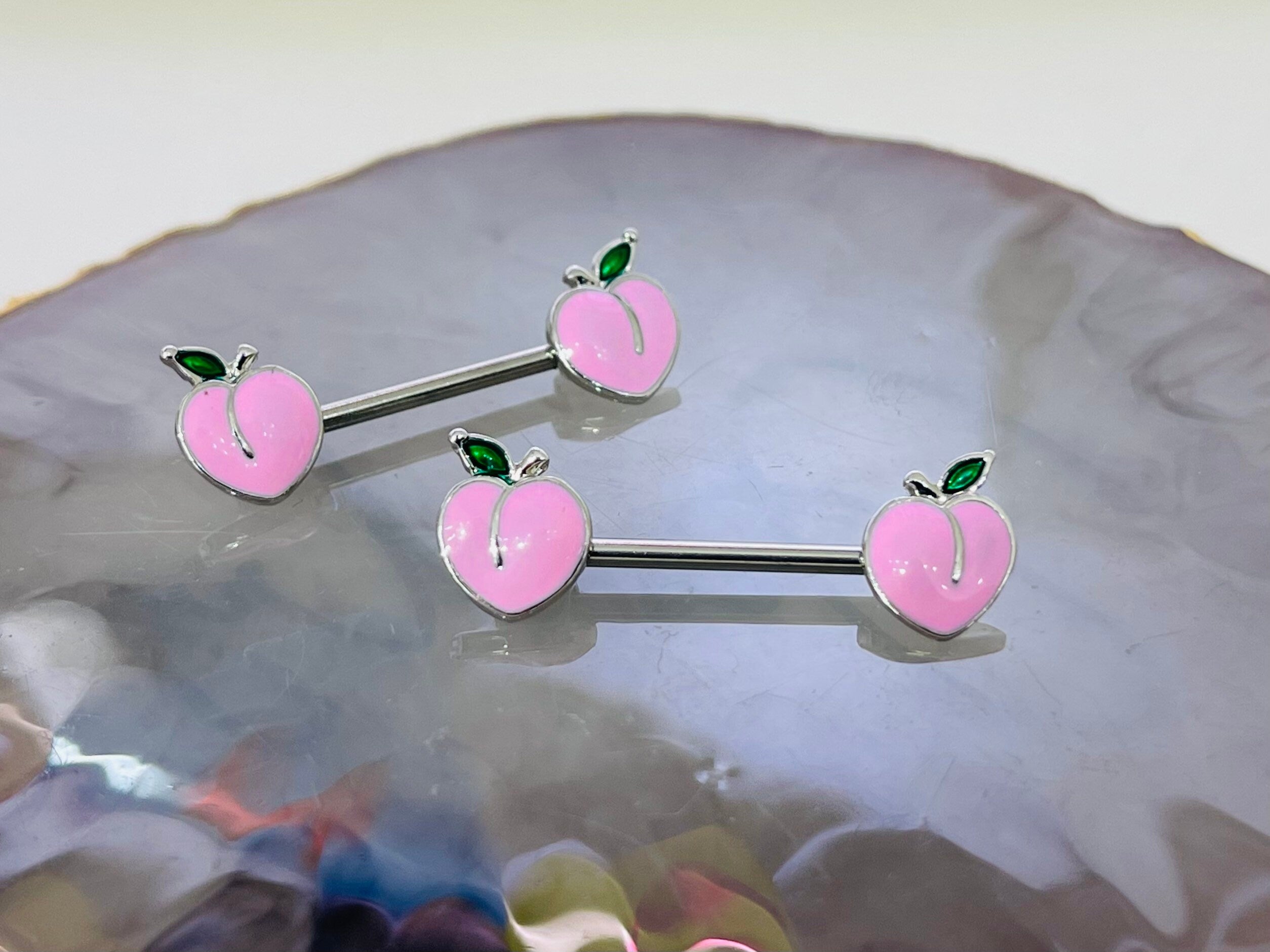 Pair of 14G Silver Pink Enamel Peach Ends Nipple Barbell