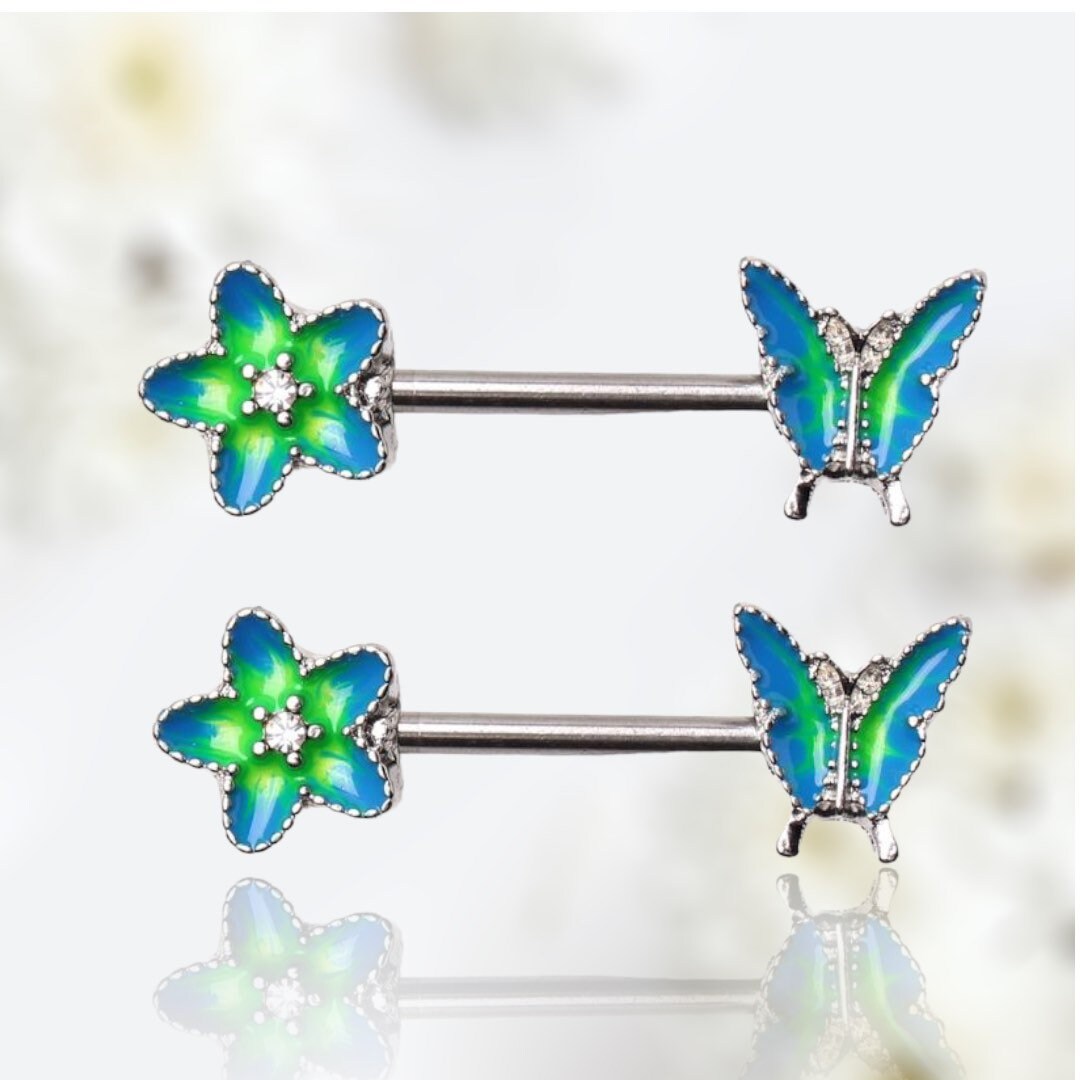 Pair of 14G Silver Flower and Butterfly Nipple Barbells