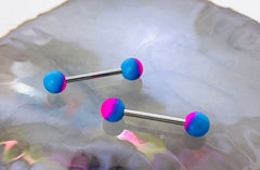 Pair of 14G Silver Pink Blue Rubber Ball Ends Nipple Barbell