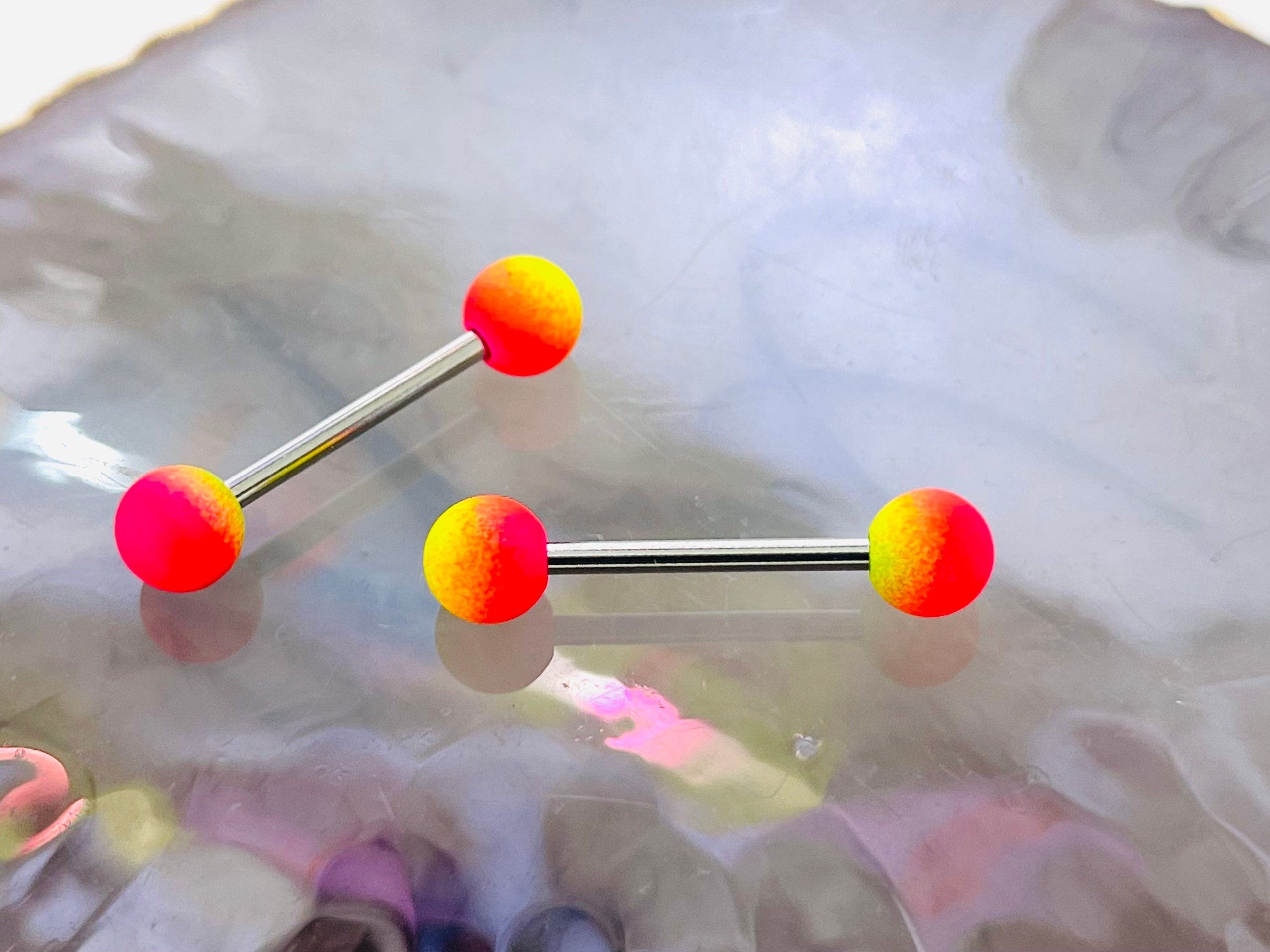 Pair of 14G Silver Pink & Yellow Rubber Ball Ends Nipple Barbell