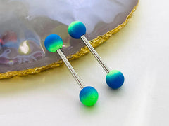 Pair of 14G Silver Blue & Green Rubber Ball Ends Nipple Barbell