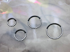 18G & 16G Black Clear Gems Hinged Septum Clicker Ring. Septum Ring. Septum Piercing. Cartilage Ring