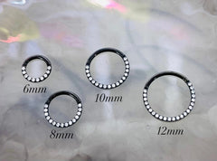 18G & 16G Black Clear Gems Hinged Septum Clicker Ring. Septum Ring. Septum Piercing. Cartilage Ring