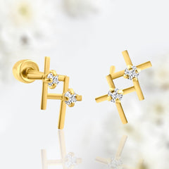 Dainty 14K Gold Two Cross with Clear Gem Screw Back Earrings