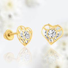 Dainty 14KT Gold Heart Shape with Clear Gem Screw Back Earrings