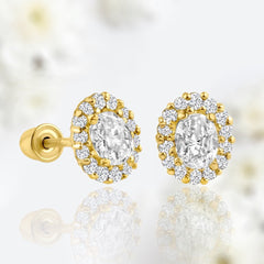 Dainty 14K Gold Sparkling Oval Stud Screw Back Earrings