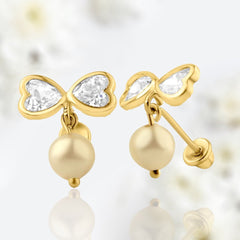 Dainty 14K Gold Twin Sparkling Hearts with Dangling Pearl Screw Back Earrings