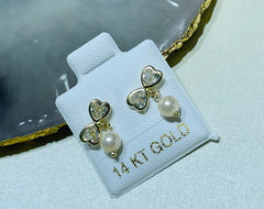 Dainty 14K Gold Twin Sparkling Hearts with Dangling Pearl Screw Back Earrings