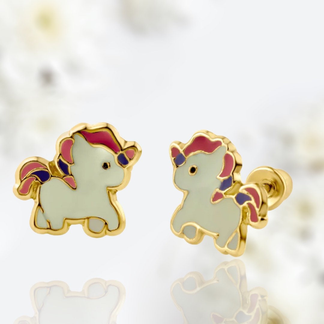 Dainty 14K Gold Unicorn Screw Back Earrings