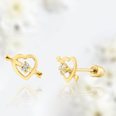 Dainty 14K Gold Cupid Heart with Clear Gem Screw Back Earrings