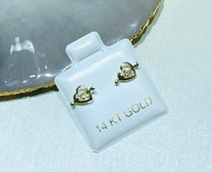 Dainty 14K Gold Cupid Heart with Clear Gem Screw Back Earrings