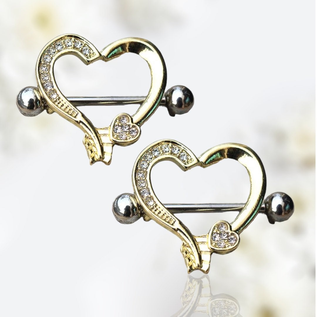 Pair of 14G Gold Clear Gem Arrow Heart Nipple Shield Barbells