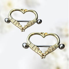 Pair of 14G Gold Winged Heart Nipple Shield Barbells