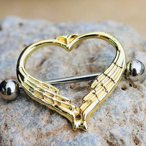 Pair of 14G Gold Winged Heart Nipple Shield Barbells