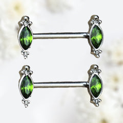 Pair of 14G Green Gem Oval Nipple Barbell