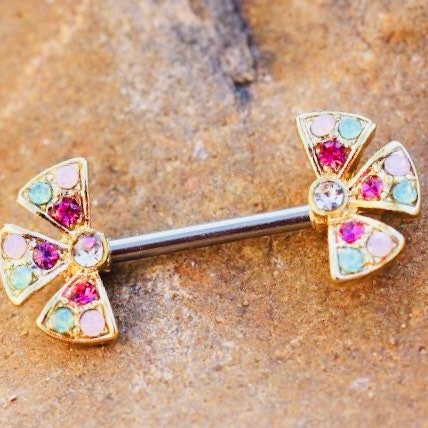 Pair of 14G Gold Flower with Multicolor Gems Nipple Barbell