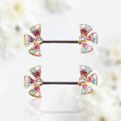 Pair of 14G Gold Flower with Multicolor Gems Nipple Barbell