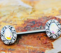 Pair of 14G Multicolor Oval Gem Nipple Barbell