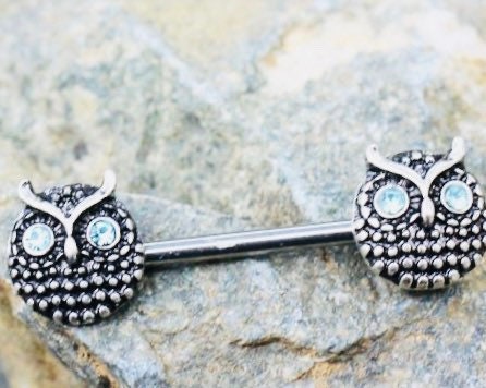 Pair of 14G Blue Eyed Owl Ends Nipple Barbell