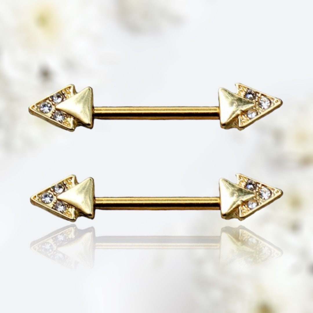 Pair of 14G Gold Clear Gem Double Triangle Ends Nipple Barbell