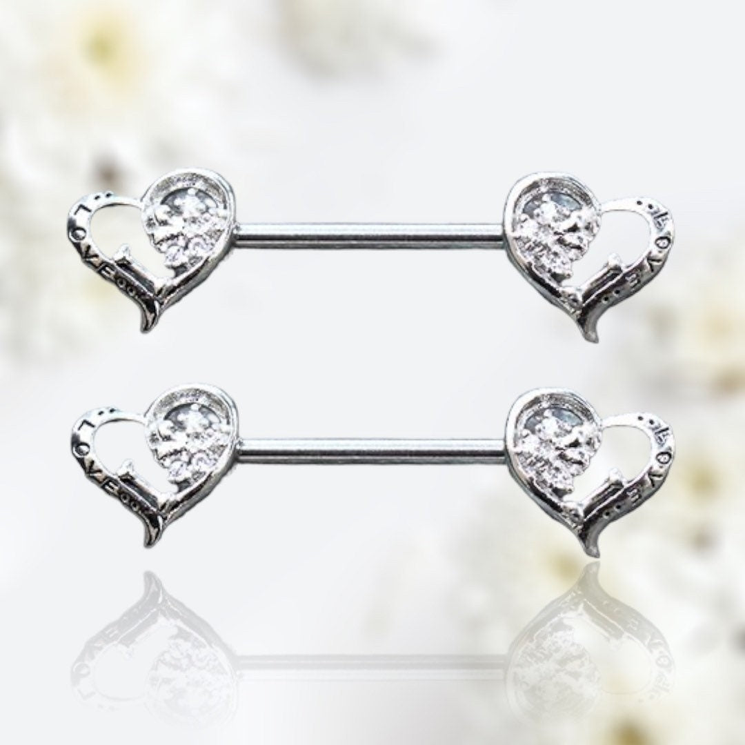 Pair of 14G Clear Gem Lovely Hearts Ends Nipple Barbell