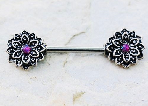 Pair of 14G Pink Opal Lotus Flower Ends Nipple Barbell